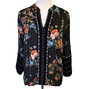 NWOT Johnny Was Workshop Black Floral Blouse with Colorful Details